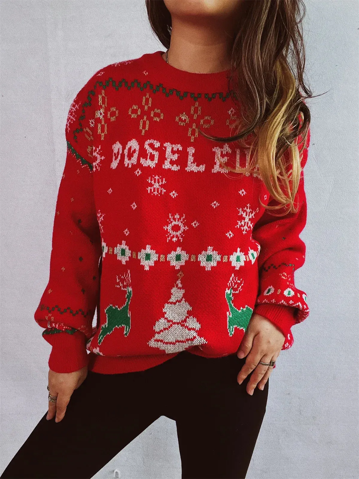Wenkouban-Christmas Thanksgiving outfits_Fashion Korean Style Loose Pullover Christmas Red Christmas Sweater
