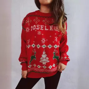 Wenkouban-Christmas Thanksgiving outfits_Fashion Korean Style Loose Pullover Christmas Red Christmas Sweater