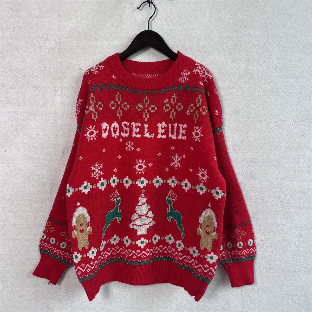 Wenkouban-Christmas Thanksgiving outfits_Fashion Korean Style Loose Pullover Christmas Red Christmas Sweater