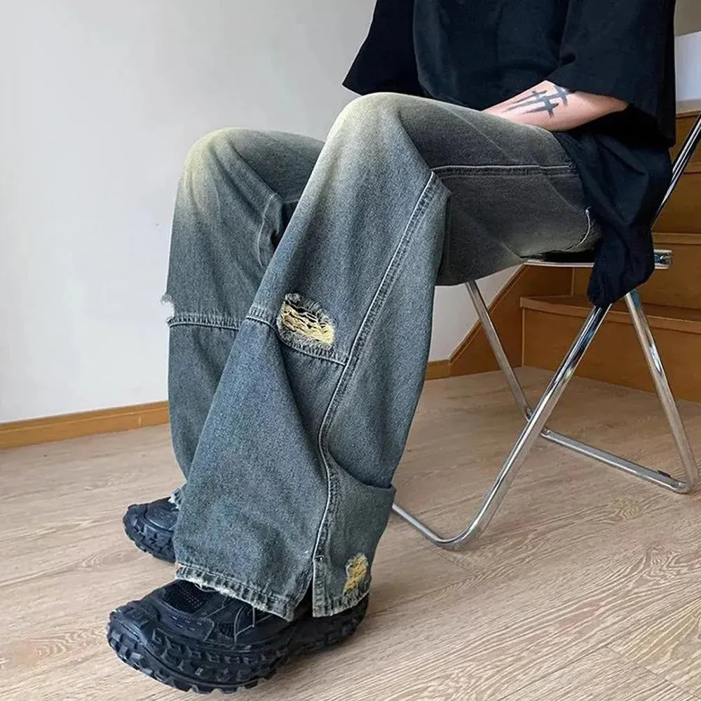 WIAOFELLAS  -  Y2k Mens Long Pants Washed Water Worn Ripped Jeans Autumn Casual Wear-Resistant Straight Leg Pants Men's Clothing Unisex